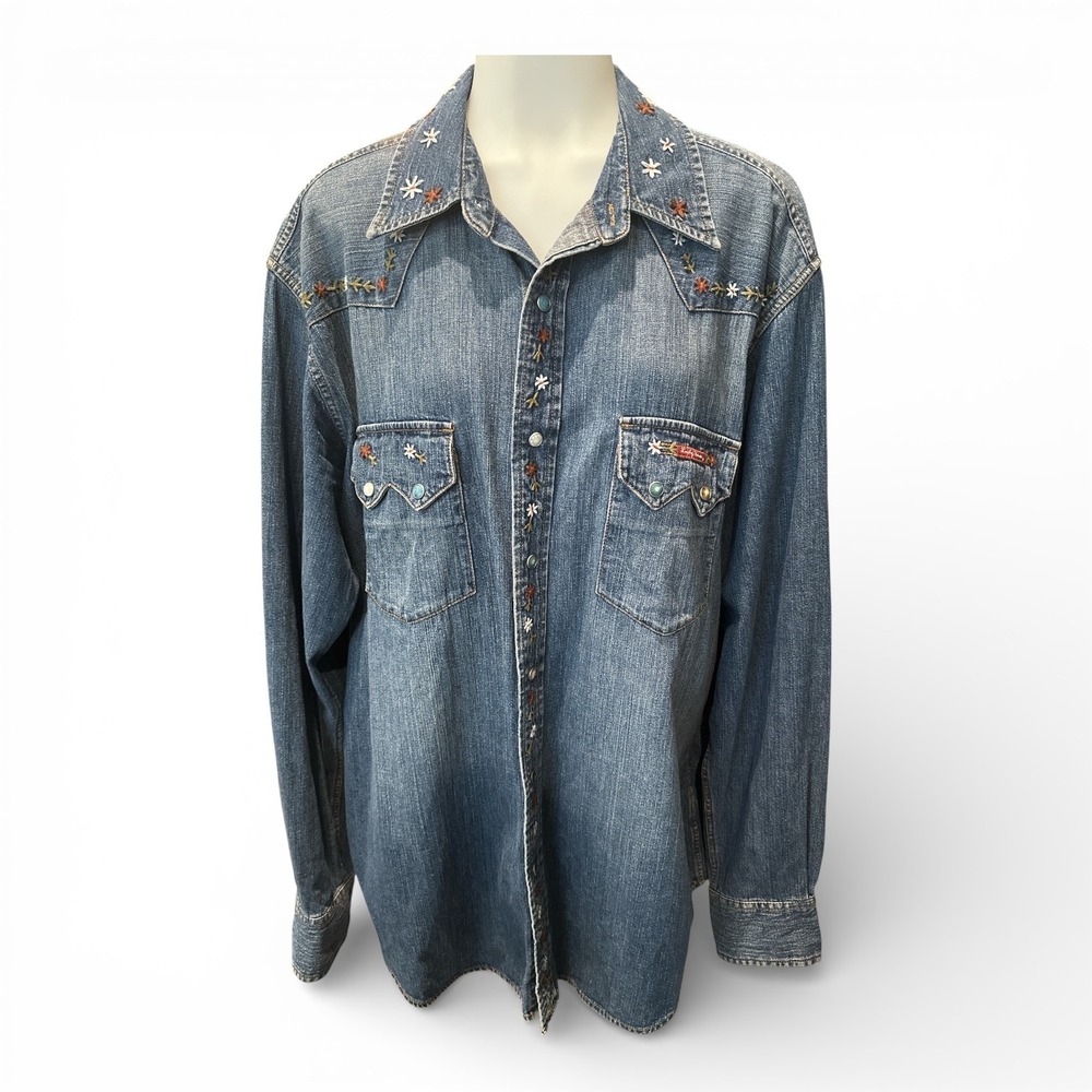 !! SOLD !! Vintage Lucky Brand Embroidered Snap Western Denim Shirt XXL Y2K